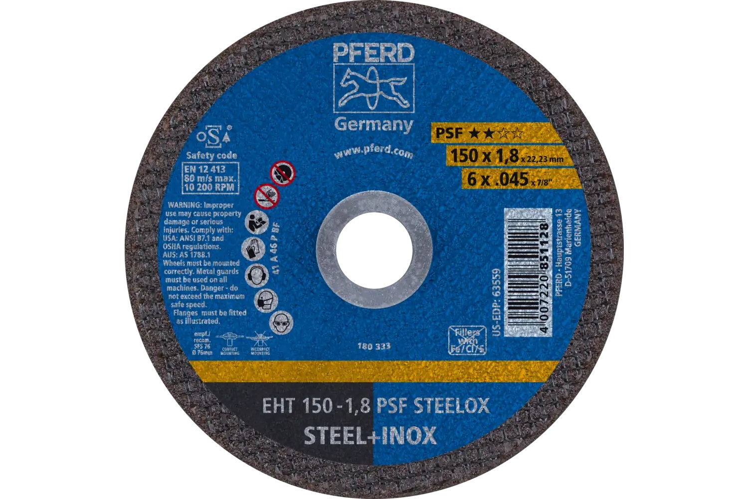 Picture of Pferd Cut-Off Wheel, 6" X .045 X 7/8, Psf Steelox, T1, Aluminum Oxide
